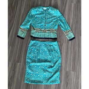 Vintage Adrianna Papell Silk Skirt Set Size 14 Blue Gold 2 Piece (Needs Hemming)
